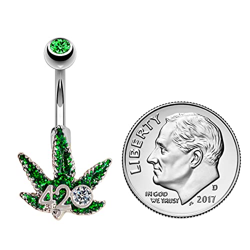 Pierce2Go 14G Belly Button Rings Surgical Steel Weed Marijuana 4/20 Belly Button Ring With Cz Stone - Belly Piercing For Women – 7/16” #TOP3