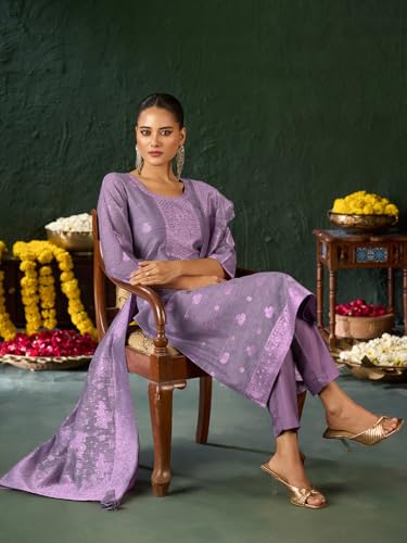 Image of Shaily Premium Silk Blend Woven Design Readymade Kurta with Pants and Dupatta Set | Ethnic Set | 3-Piece Suit Set | Haldi and Wedding Suit Set for Women