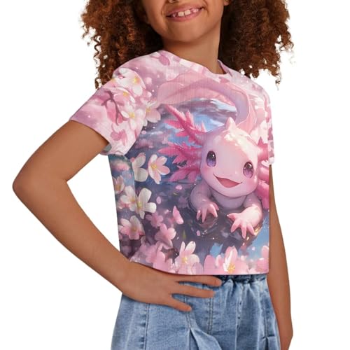 Image of Girls Crop Tops Cute Short Sleeve Shirts Fashion Tees for Kids Casual Crewneck Blouses Size 8-16 Years