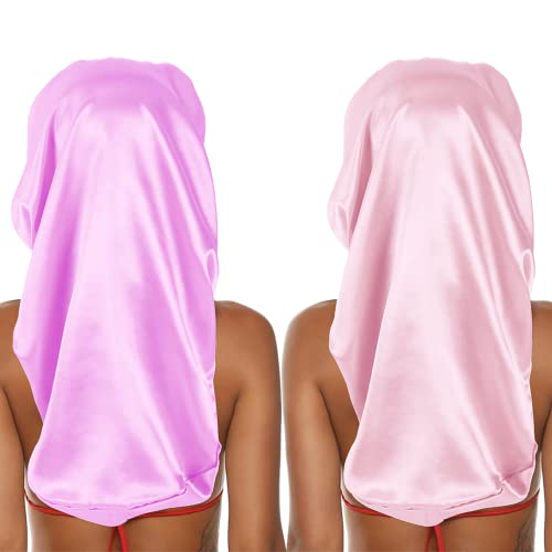 2PCS Braids Bonnets for Women Long Satin Bonnet Long Hair Bonnet for Sleeping Soft Elastic Band Satin Bonnets for Long Hair Weave Dreadlocks (Light Purple+Pink)
