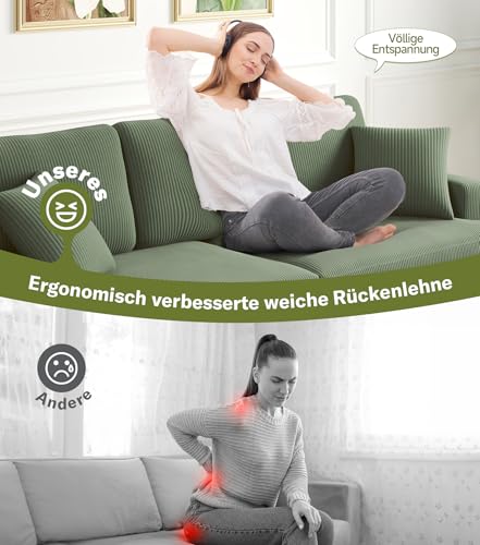 Kidirect Cord Sofa 3 Sitzer, 221CM Bequemes Couch 53CM Extra Tiefe Sitze, Sofa Wohnzimmer Werkzeugfreie Montage, Big Sofa Couch mit 2 Kissen, Modernes Couch fürs Büro, Schlafzimmer Sofas Waldgrün