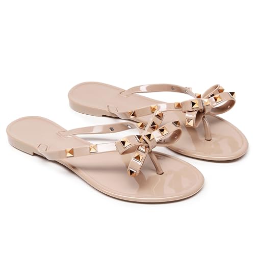 Womens Studded Sandals Flat Jelly Shoes Thong Flip Flops with Bow Stud Slip On Summer Beach Rivets Dressy Slides