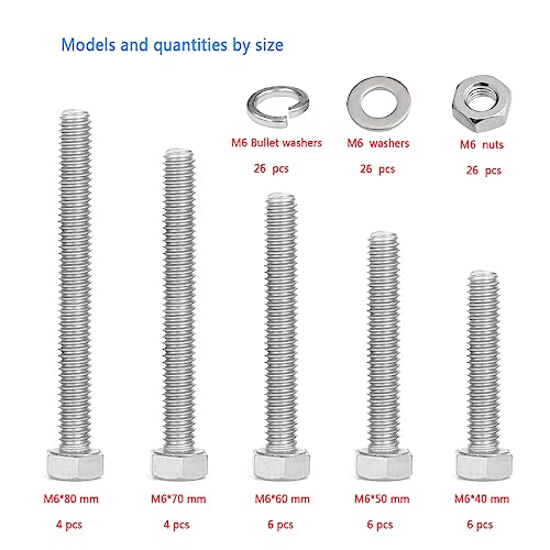 M6 Nuts And Bolts Set,Stainless Steel Hex Bolts Sets With Washers,Longer Machine Screws Assorted,Fully Threaded Bolts For Car,Bike,Furniture,Ship,Construction,Mechanical(40/50/60/70/80mm)(M6) - Image 3