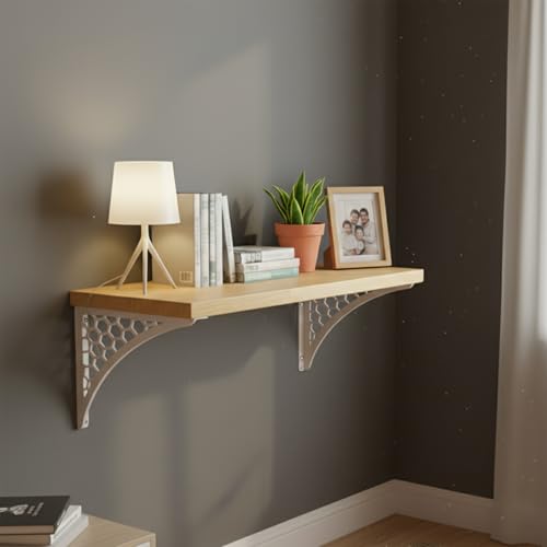 Image of Wall Shelf with Wooden Top Black|White Iron Brackets Storage Rack|Industrial Wall-Mounted Floating Shelf for Living Room,Kitchen,Bathroom (White Hexagon Large)