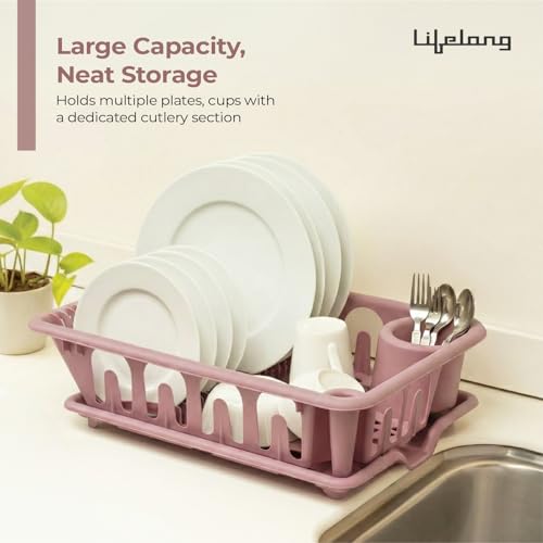 Image of Lifelong Plastic Dish Drying Rack with Drain Tray, Kitchen Dish Drainer with Cutlery Holder, Utensil Organizer for Plates, Bowls & Cups (Pink)