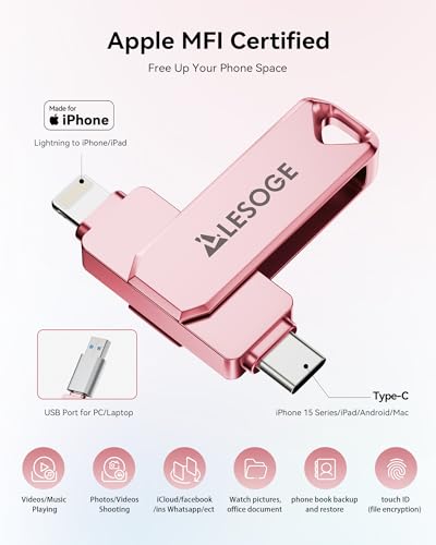 Image of MFi Certified Flash Drive 255GB for iPhone Photo Stick Thumb Drive, High Speed USB Memory Stick iPhone Flash Drive for Photos, External Storage Jump Drive for iPhone /iPad /Android /PC (Rose Pink)