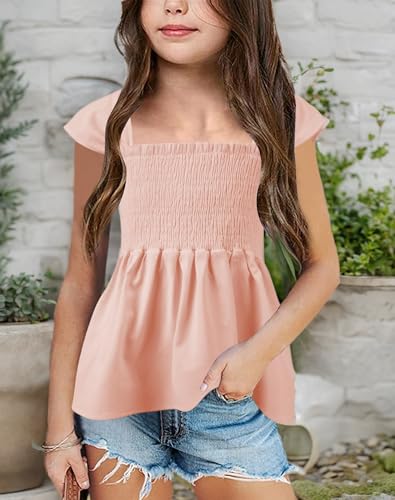 Image of Bingerlily Girls Summer Casual Tops Square Neck T Shirts Cute Smocked Top Tees