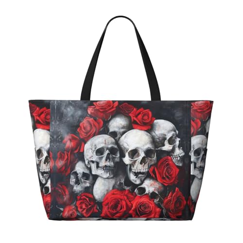 Skull And Red Rose Extra Large Tote Bag For Women,Foldable Beach Bag With Pocket Weekender Travel Overnight Bag2