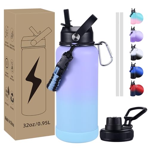 CoolSub Insulated Water Bottle, 32 oz Stainless Steel Wide Mouth Water Bottles with 2 Leak Proof Lid and Paracord Handle, Double Wall Vacuum Insulated Sports Water Bottle, Purple Blue