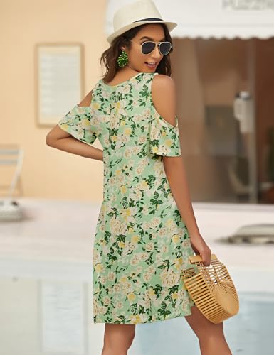 Image of Bluetime Women Cold Shoulder Summer Dress Short Sleeve Beach Casual Loose Swing Dress