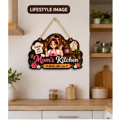 Image of DAKSHESTRY ARTWORKS Mom's Kitchen Wooden Hanging Sign | Cute Kitchen Wall Decor with inchMade with Love inch Quote | Decorative Door & Wall Hanging Plaque for Home, Dining Area, Restaurant, Cafe & Housewarming Gift