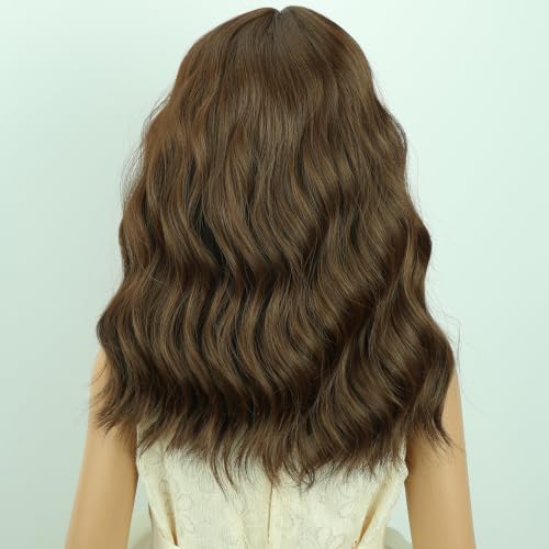 Image of Brown Wig Short Brown Wavy Curly Wigs Wig with Air Bangs Synthetic Cosplay Hair Wigs