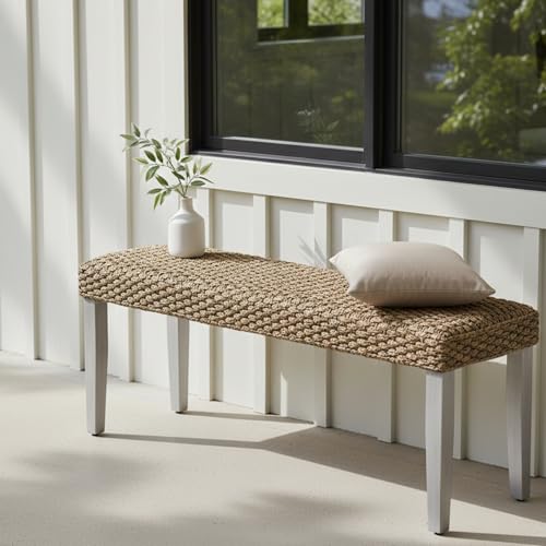 Image of Solid Wood Acacia Indoor Bench with Natural Woven Water Hyacinth Seat, Wood Bench for Living Room or Entryway, Vintage Bench, Fishbone Style, Plait Style with Grey Leg