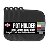 RITZ Terry Potholder & Hot Pad: Unparalleled Heat Resistant, Durable 100% Cotton – Ergonomically Designed for Optimal Grip – Easy-Care Machine Washable – 4-Pack, Black