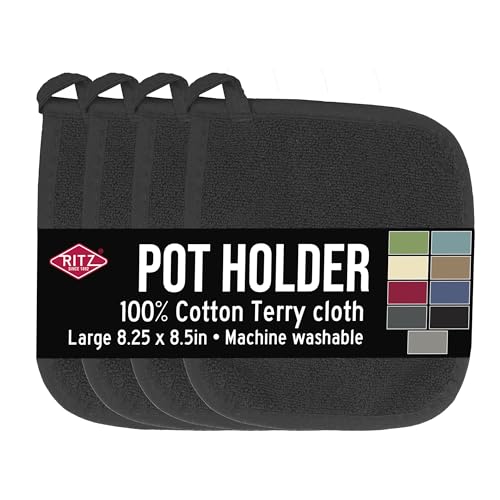 RITZ Terry Potholder & Hot Pad: Unparalleled Heat Resistant, Durable 100% Cotton – Ergonomically Designed for Optimal Grip – Easy-Care Machine Washable – 4-Pack, Black