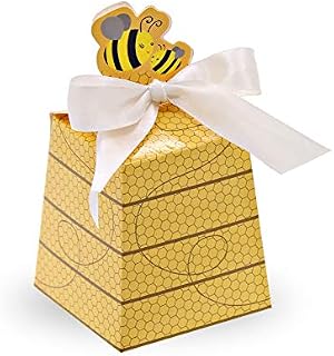 SumDirect 50Pcs Paper Beehive Gift Box Baby Favors Candy Boxes with White Satin Ribbons, for Baby Shower Birthday Decorations (Yellow)