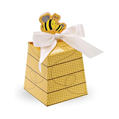 SumDirect 50Pcs Paper Beehive Gift Box Baby Favors Candy Boxes with White Satin Ribbons, for Baby Shower Birthday Decorations (Yellow) Cover