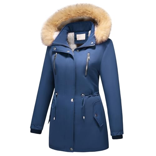 MODFUL Damen Fleece Daunenjacke Abnehmbare Kapuze Verdicken Sherpa Wintermantel Coat (Blau, 3XL)