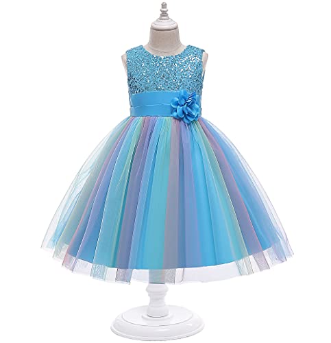 Flower Girls Sequin Party Dress Rainbow Mesh Tulle Princess Lace Ball Gown (Blue, 120) 4-5T #TOP7