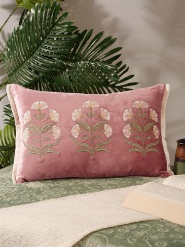Image of Pink & Green Floral Embroidered Velvet Rectangle Cushion Cover | Elegant Decorative Pillow Cover | Soft Premium Velvet | 12x18 Inch