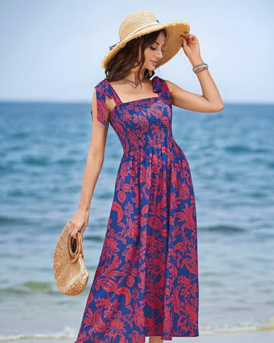 Image of BROVAVE Women Summer Floral Dress: Casual Square Neck Flowy Boho Beach Midi Sundress Sleeveless Tie Shoulder Vacation Daily