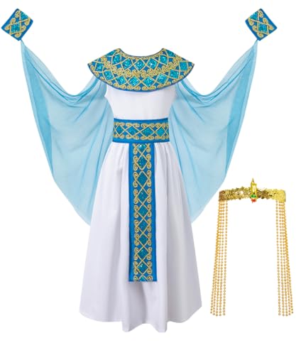 DANBAIEGG Kids Girls Egyptian Costume Set Cleopatra Dress Halloween Outfit with HeadpieceWhite 6-8 Years