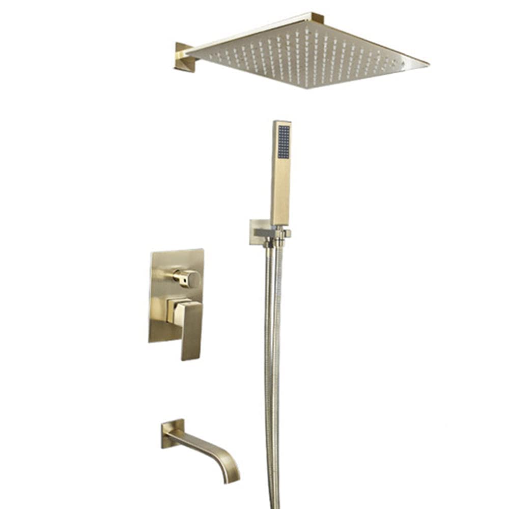 Ensemble de douche mélangeur 3 fonctions avec pommeau carré et tuyau or brossé