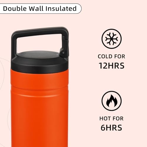 Image of BJPKPK 20 oz Insulated Travel Water Bottle, Coffee Tumbler Stainless Steel | Double Wall Vacuum, Leakproof, Thermal, Keeps Hot /Cold, BPA Free, Dishwasher Safe, Spill Proof, Wide Mouth, 2 Lids, Orange