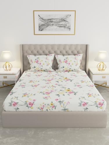 Image of Raymond Home 100 GSM Insignia Ultra Soft Floral Double Bedsheet (2.25 Mx2.50 M) with 2 Pillow Covers(46 CM x 69 CM) - Off White & Yellow