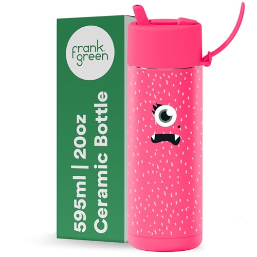 Image of frank green Reusable Cup with Flip Straw Lid, Frankster Drinks Bottle for Kids, Spill and Leak-Resistant, Ceramic Lined - Piper, Neon Pink 20oz