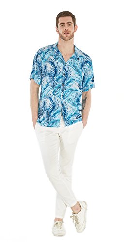 Matchable Couple Hawaiian Luau Shirt or Rahee Maxi Dress in Simply Blue Leaf4