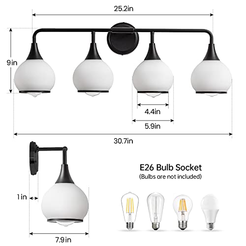 Image of Black Bathroom Light Fixtures 4-Lights Vanity Lights with Milky White Frosted Glass Shade Bathroom Vanity Light 30.7 inch Wall Sconce Lighting Bath(Exclude E26 Bulb)