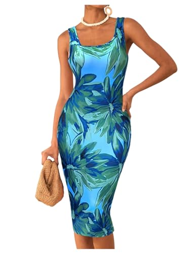 Floerns Women's Floral Midi Summer Dresses Square Neck Bodycon Vacation Dress