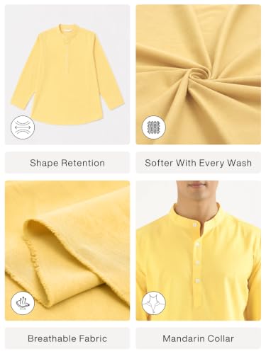 Image of SAADAA Men's Short Kurta - Linen Cotton Blend, Airy Fabric, Regular Fit, Mandarin Collar, Solid Color - Casual, Festive & Ethnic Wear
