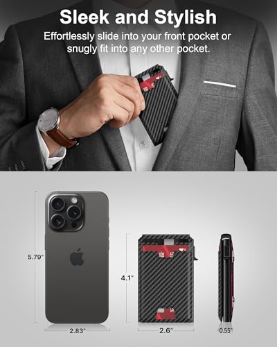 typecase Mens Wallet Card Holder: Pop Up Card Case, Genuine Leather, RFID Blocking, Smart, Slim, Minimalist, Thin - 13 Card Capacitiy, ID Window, Cash Strap (Carbon Fiber)4