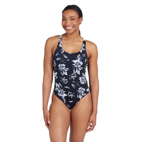 Zoggs Womens Actionback Swimming Costume, Eco Fabric One Piece Swimsuit, Black/White, 34-inch/Size 10