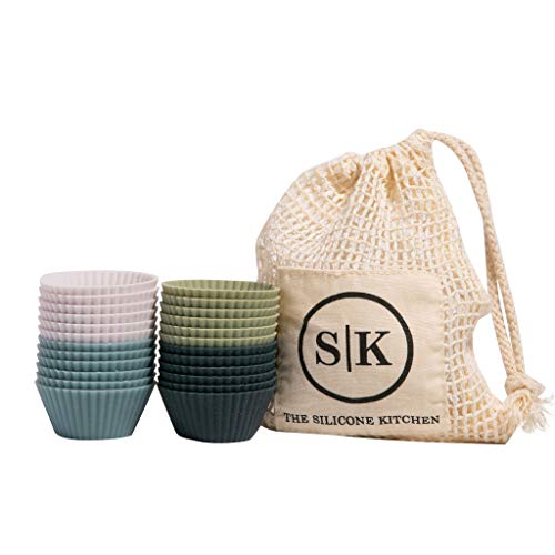 Image of The Silicone Kitchen Reusable Mini Silicone Baking Cup, Non-Toxic, BPA Free, Dishwasher Safe, Mini, 48 Pack, White Blue Green