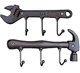 Set of 2 Wrench and Hammer Cast Iron Metal Wall Coat Hooks Hat Rack, Rustic Retro Vintage Wall Mounted Coat Rack Key Holder for Men's Workshop Garage Tools Holder Hook Wall Sign Decoration