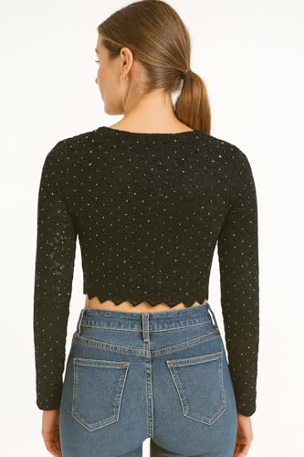 Image of ICW Women Long-Sleeves Round Neck Mesh Floral Flocking Crop Top T-Shirt DN8866
