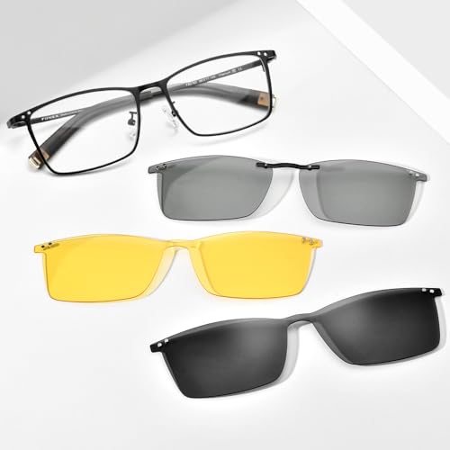 Image of FONEX Pure Titanium Glasses Frame Men Square Magnet Clip On Eyeglasses with Polarized Lens