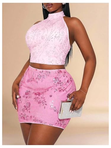 MakeMeChic Women's Plus Size Sequin Mini Skirt Floral Sparkly High Waist Bodycon Night Out Skirts3