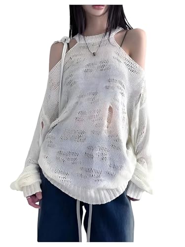 SweatyRocks Women's Hollow Out Sheer Knit Sweater Cold Shoulder Long Sleeve Y2K Pullover Tops