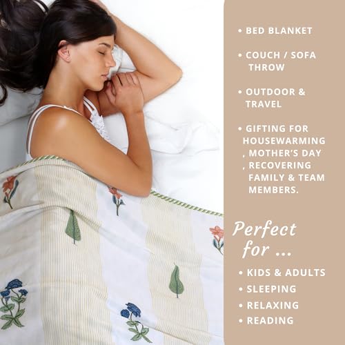 Image of TOAIArt Premium Jaipuri Dohar | AC Blanket Summer Quilt | Hand Block Printed | 3 Layers | Reversible | 150GSM 100% Mulmul Cotton | 100% Cotton Flannel Filling | Queen 90 inch X 108 inch |Floral Panel