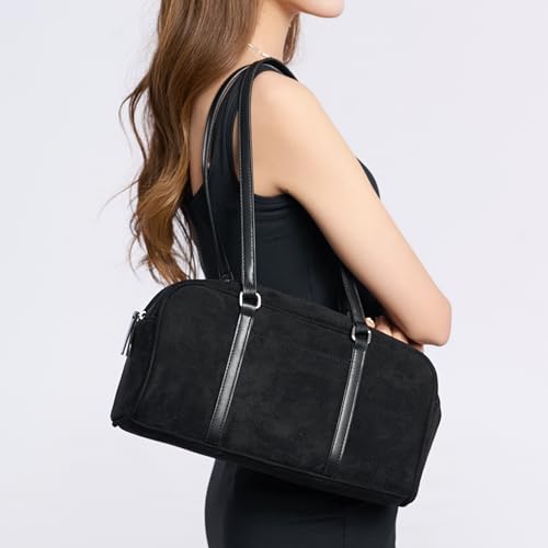 Women's Faux Suede Boston Bowler East West Le Teckel Satchel Swing Shoulder Bag2