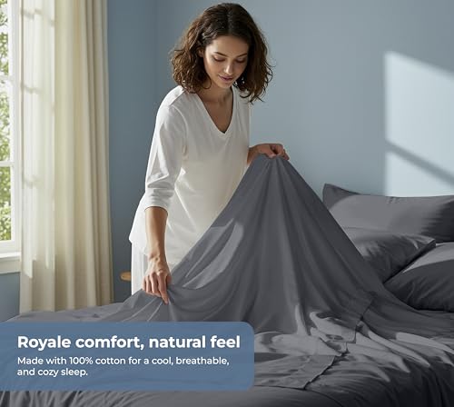 Image of ROYALE LINENS 100% Organic Cotton Twin XL Sheet Set - Percale Weave - 3 Pieces Set - 1 Flat, 1 Deep Pocket Fitted Sheet and 1 Pillowcases - Grey Bed Sheets - Sabanas Twin XL - Crisp Cool (Grey)