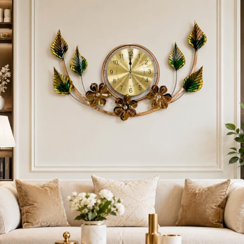 Image of SHREE 'O' GREEN TECH - Large Metal Wall Clock with Golden Leaf Floral Design, Modern Luxury Wall Art for Living Room, Bedroom, Office and Hotel Interior Decoration, 31 x 20 Inch