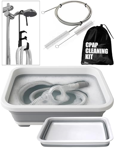 CPAP Cleaning Kit for Hose and Mask CPAP Hose Cleaning Brush Collapsible Wash Basin Hose Hanger Compatible with Standard and Slimline CPAP Tubing (Hanging Dry Kit)