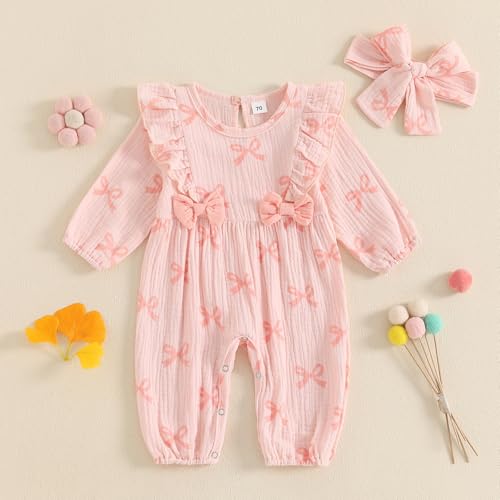 Infant Baby Girl Outfit Smocked Linen Ruffle Bubble Romper One Piece Strawberry Bow Printed Ruffle Jumpsuit Headband3
