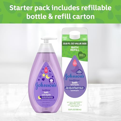 Image of Johnson's Baby Soothing Bedtime Bath Starter Kit, Nighttime Lavendar Baby Bath, 27.01 fl Oz, and Bedtime Bath Value Size Refill Pack 33.8 fl. Oz
