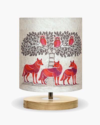 Image of Homesake Pine Table Lamp Wooden Bedside Lamp Simple Bedroom Light Linen Shade Mini Desk Lamp Nightstand Lamp for Bedroom, Living Room, Gift, (Gond Art of India Shade Cylinder)